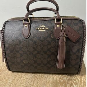 Coach Large Fringe Rowan Bag In Walnut /Black Signature Canvas & Leather Trim